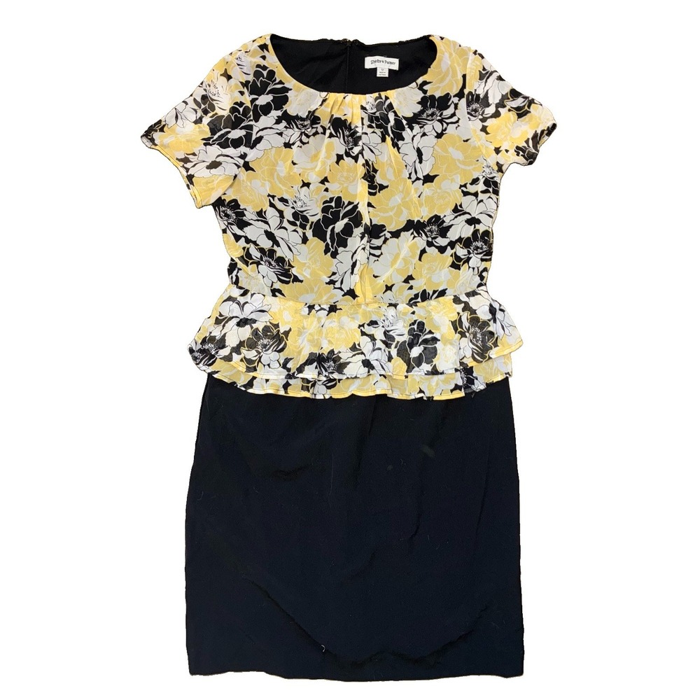 Shelby & Palmer Women's Dress Size 12 Yellow Black Floral Peplum Sheath